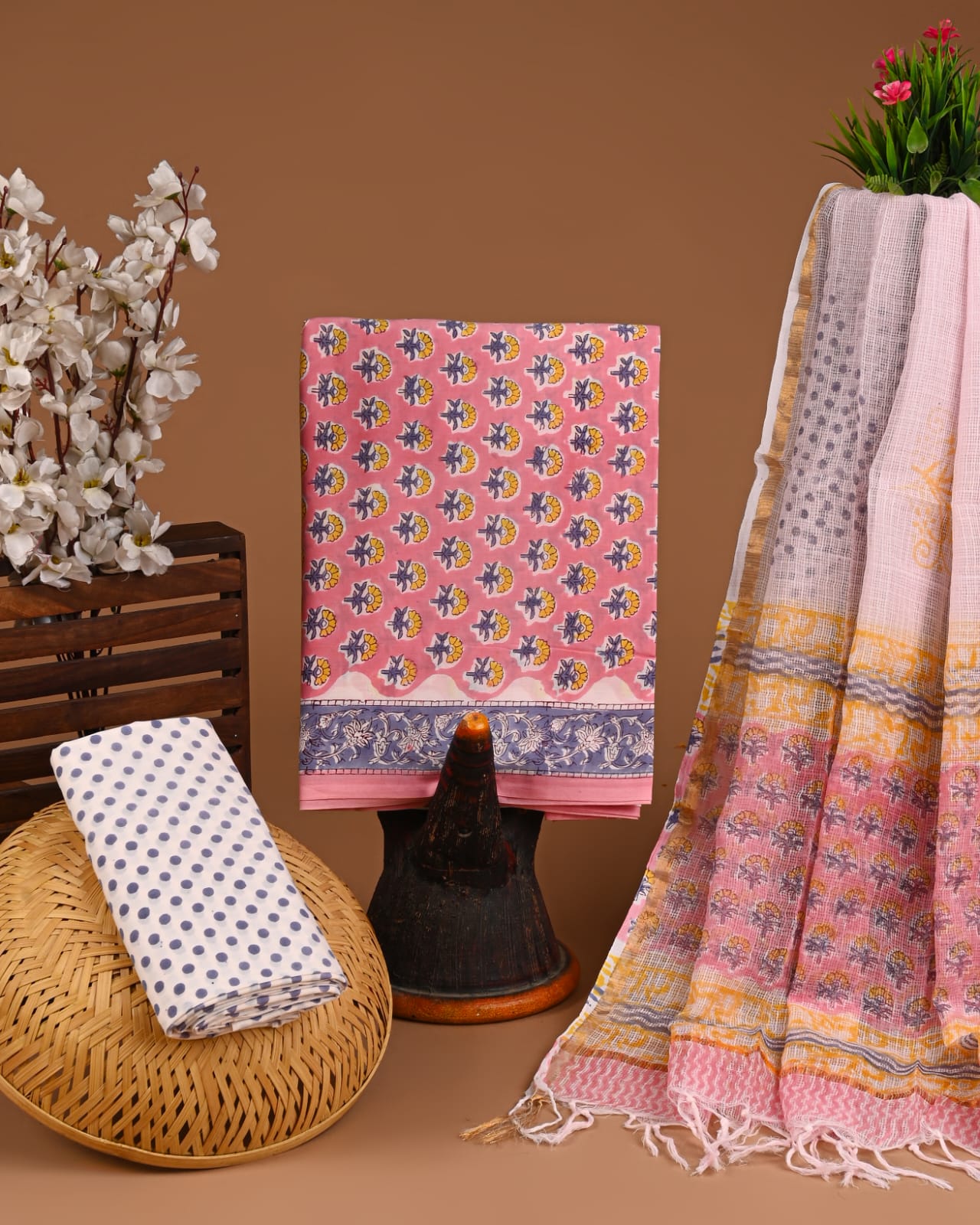 Light pink cotton suits with kota doriya