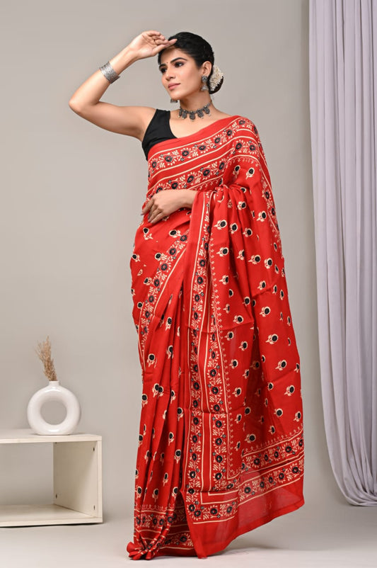 Red  Ajrakh Silk Saree Online – Natural Dyes, Rich Look