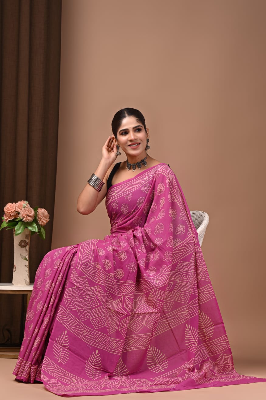 Naturally dyed cotton mul saree, eco-friendly and timeless.