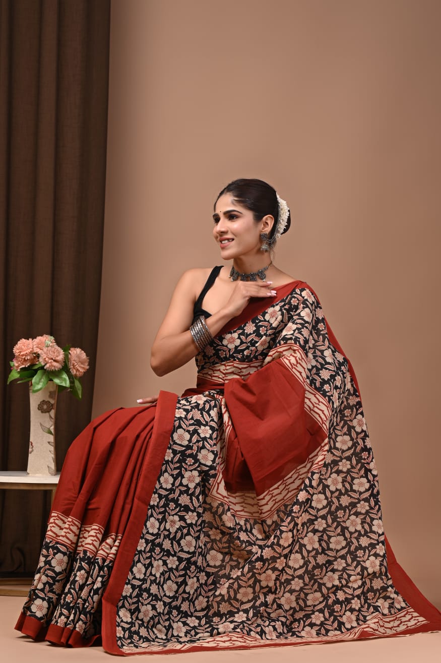 Pure cotton mulmul saree with hand block print.