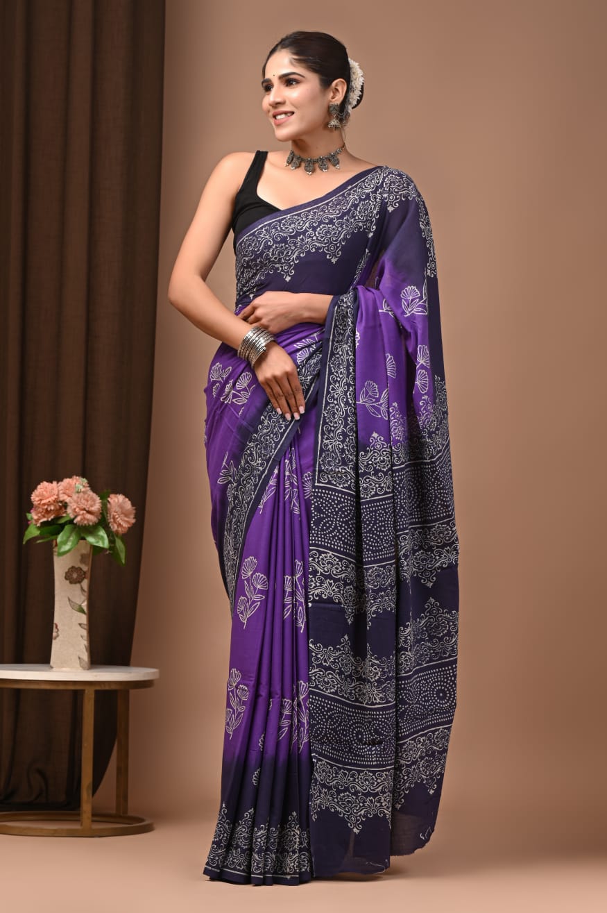 Modern yet ethnic mul cotton saree with block design.