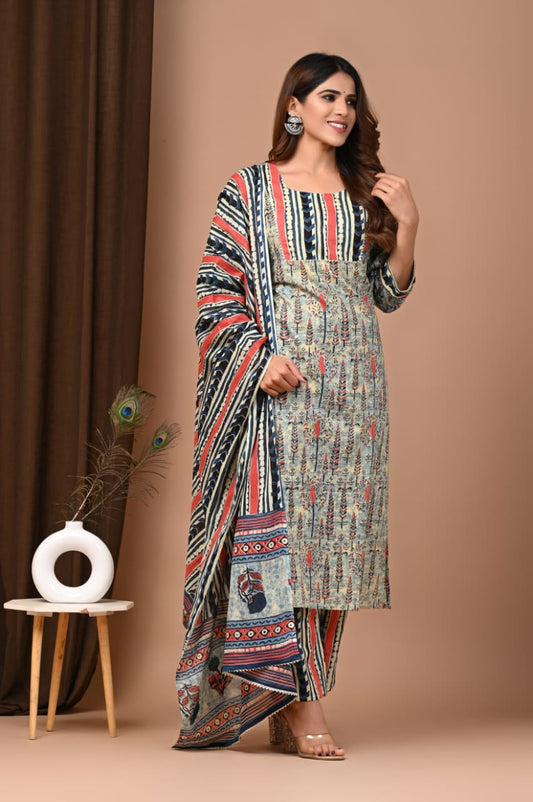 Best Ajrakh cotton suit with Dupatta
