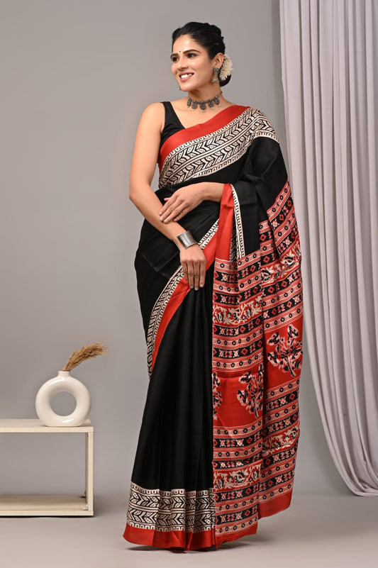 Black Ajrakh Modal Silk Sarees – Premium Prints, Affordable Prices