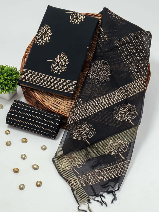 Black Color Cotton Suit with Fancy Organza Dupatta for Women