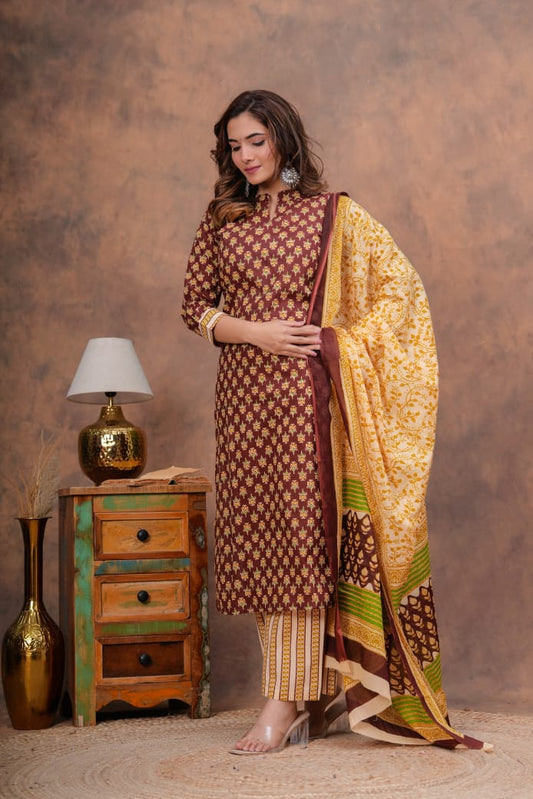 Brown  Kurti Palazzo Set with Dupatta