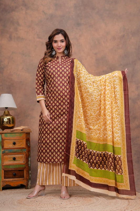 Brown  Kurti Palazzo Set with Dupatta