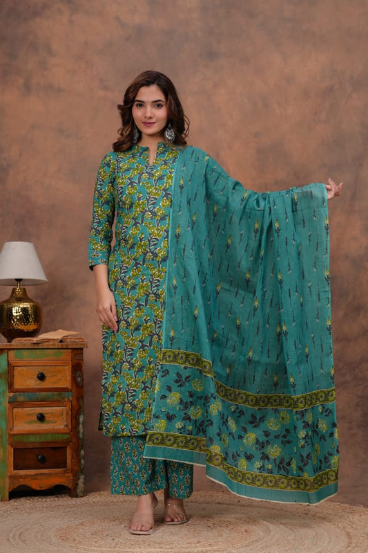 Jaipuri Printed Cotton Kurti Set with Plazo & Dupatta – Comfortable & Stylish