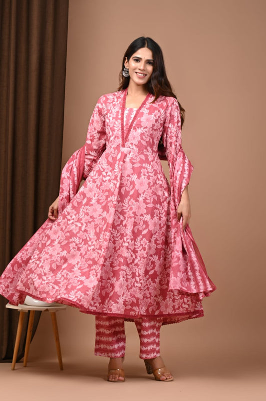 Floral Hand Block Printed Pink Cotton Anarkali Kurta Set with Dupatta