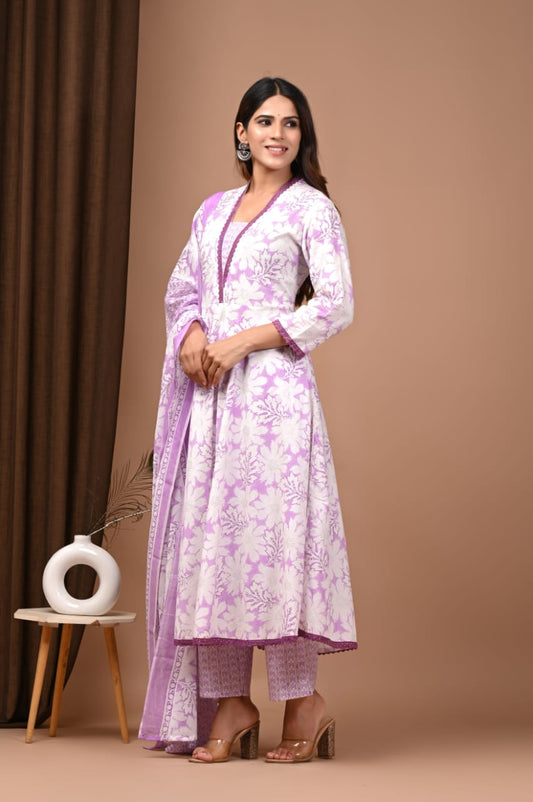 Lavender White Hand Block Cotton Anarkali Kurta Set with Dupatta