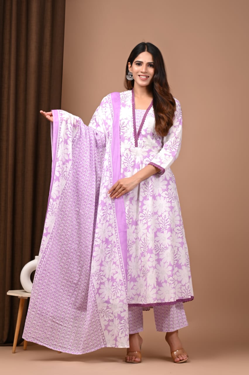 Lavender White Hand Block Cotton Anarkali Kurta Set with Dupatta