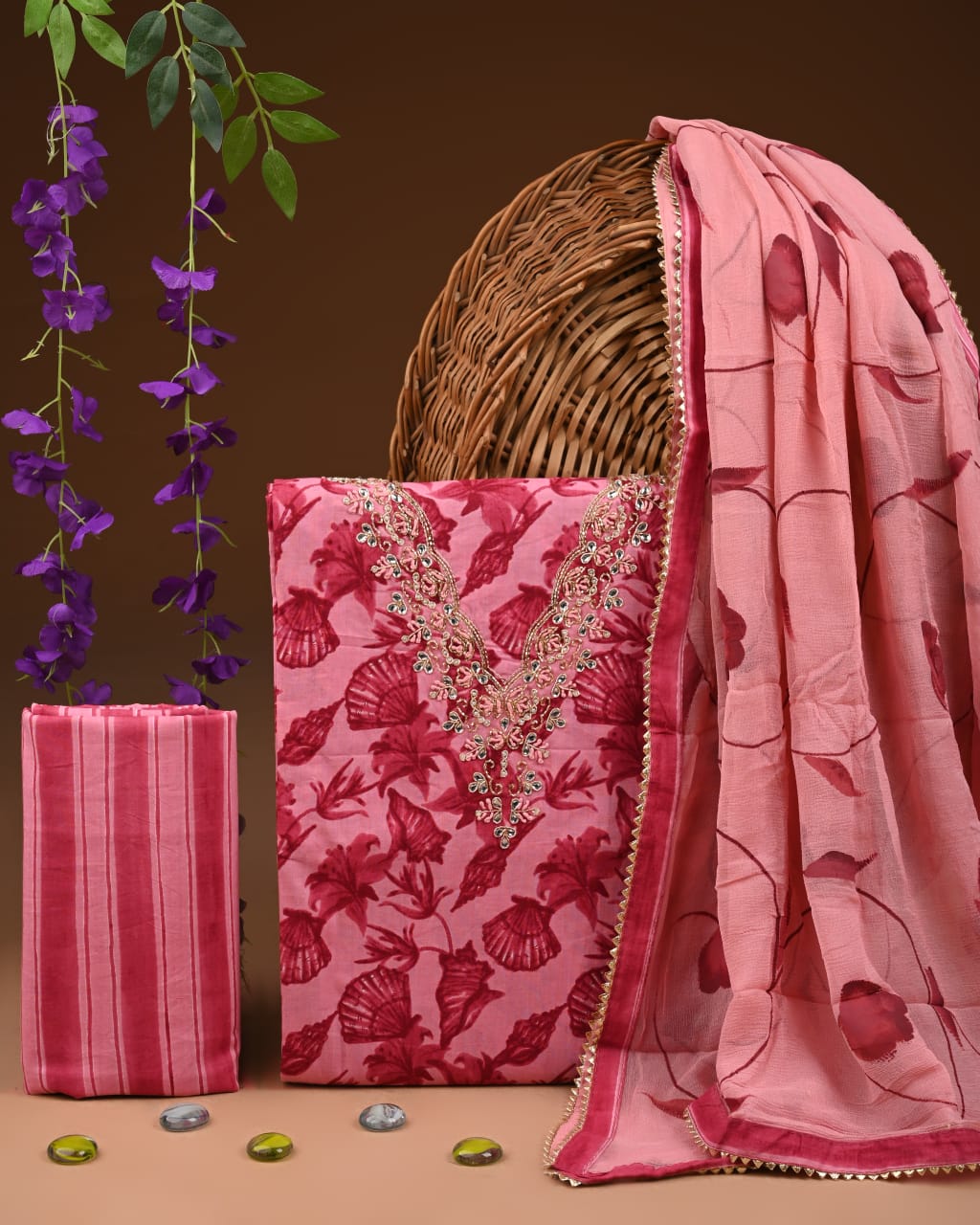 Cotton Suit with Chiffon Dupatta & Zari Work