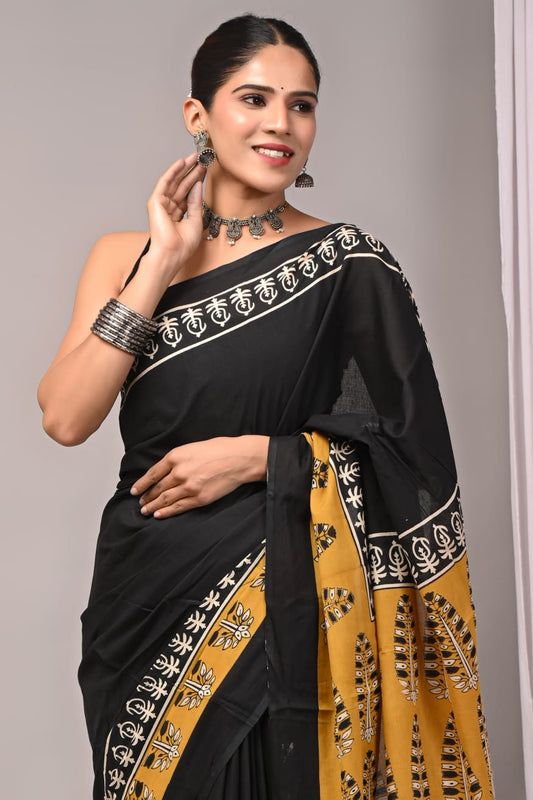 Traditional hand block mulmul saree, crafted in cotton.