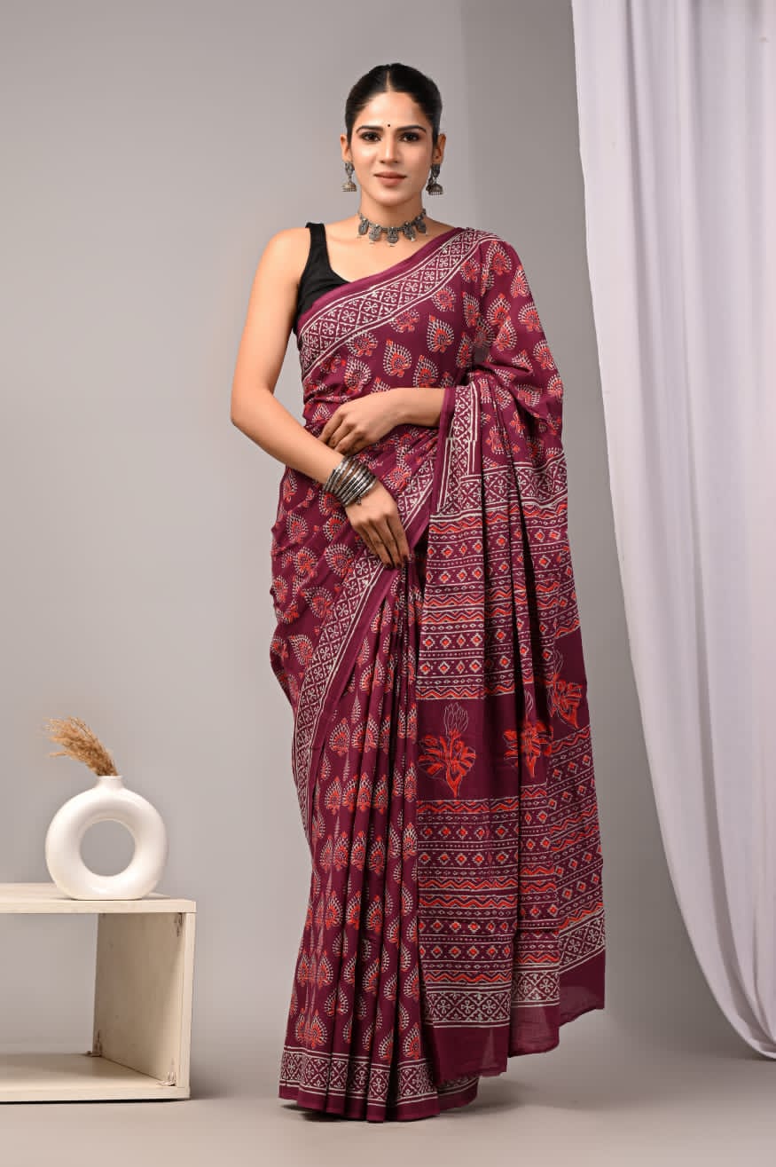 Pure handloom cotton mul saree for effortless elegance.