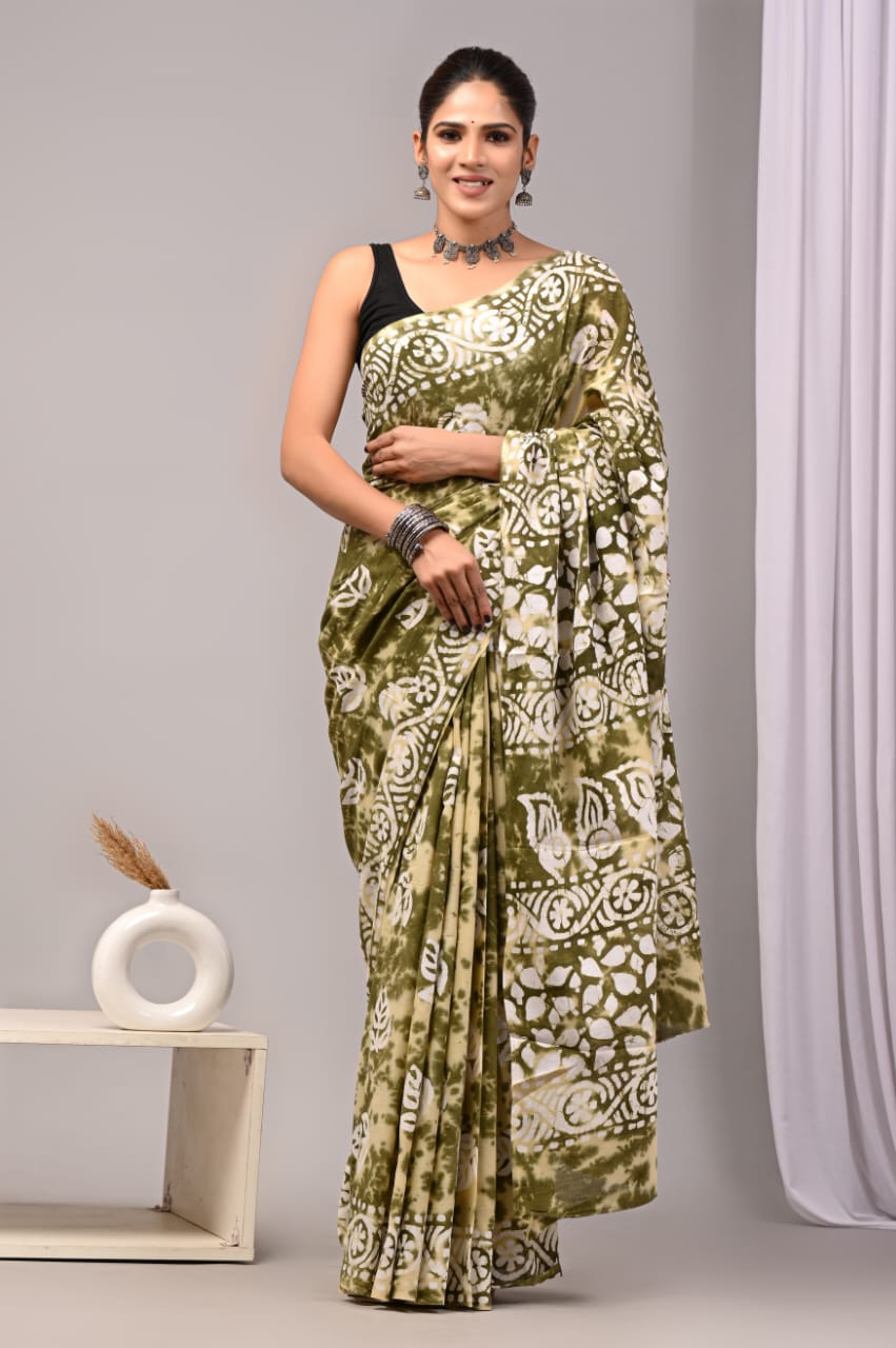 Stylish pure cotton mul saree with matching blouse.