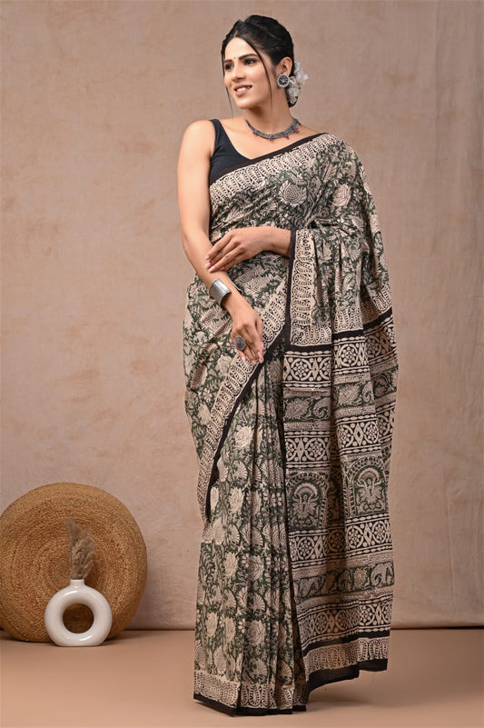 Pure cotton mul saree, timeless block print beauty.