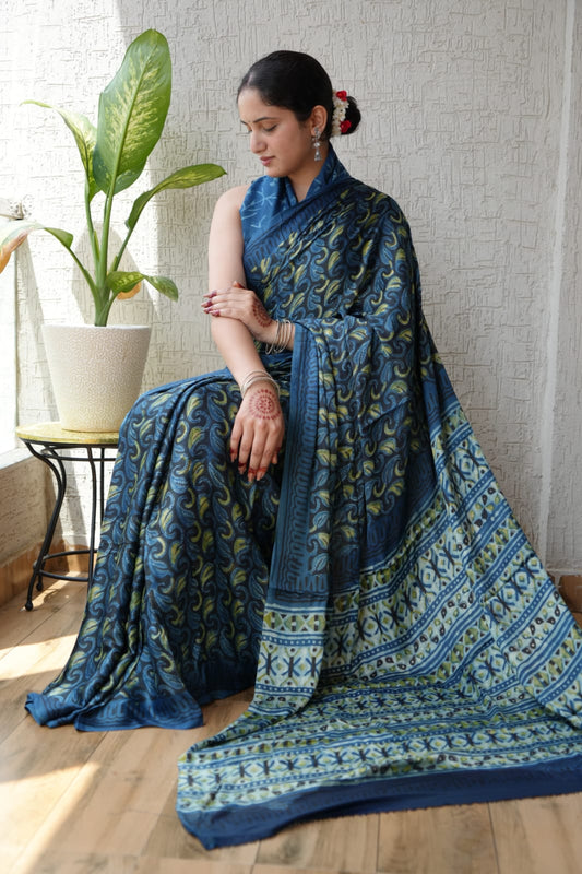 Ajrakh Saree with Printed Blouse
