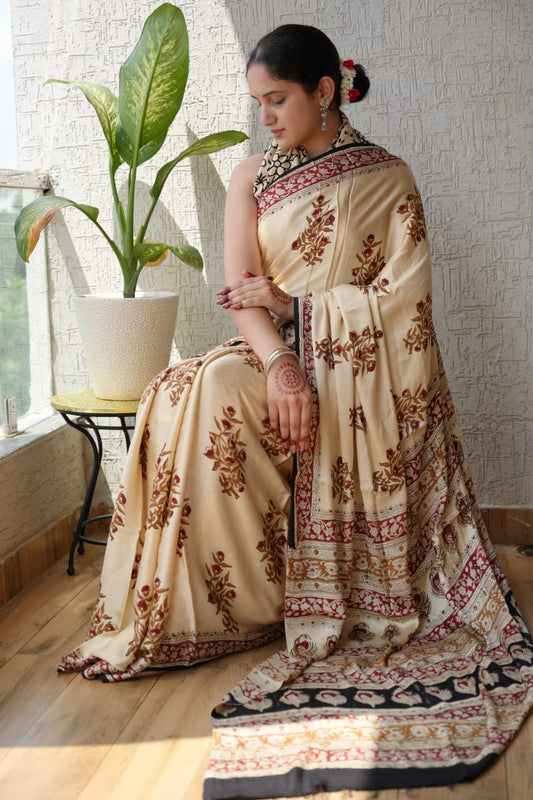 Ajrakh Hand Block Saree – Pure Silk