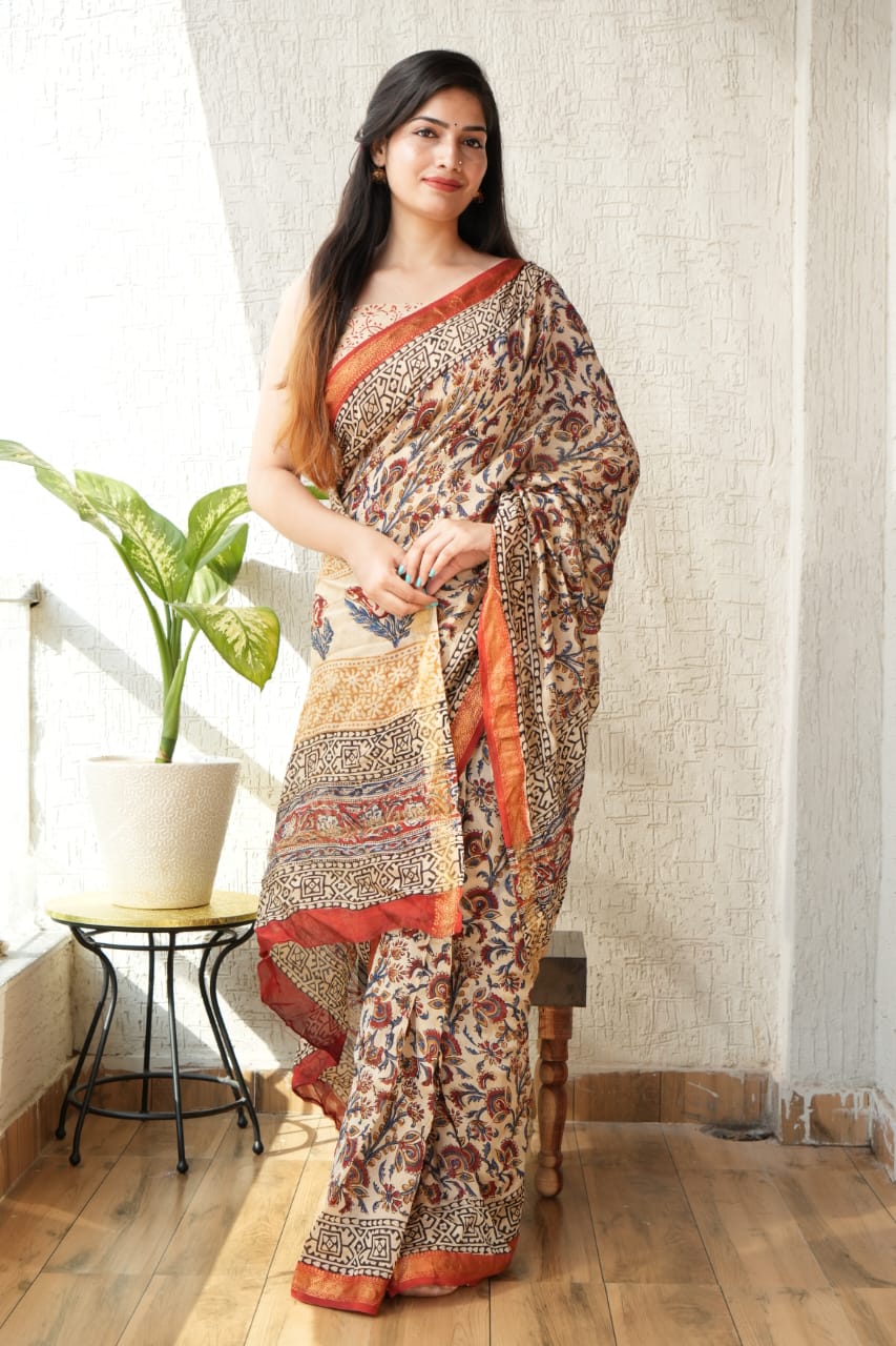 Designer Maheshwari Silk Saree with Golden Border