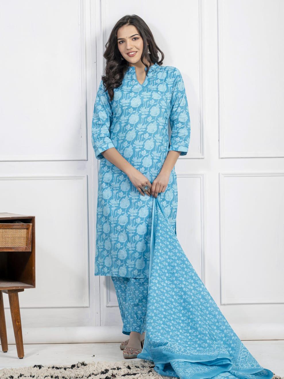 sky blue flower print kurti pant
