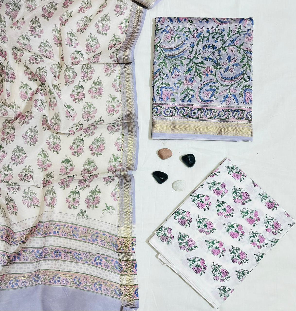 Block Printed Maheshwari Silk Suit with Zari Border