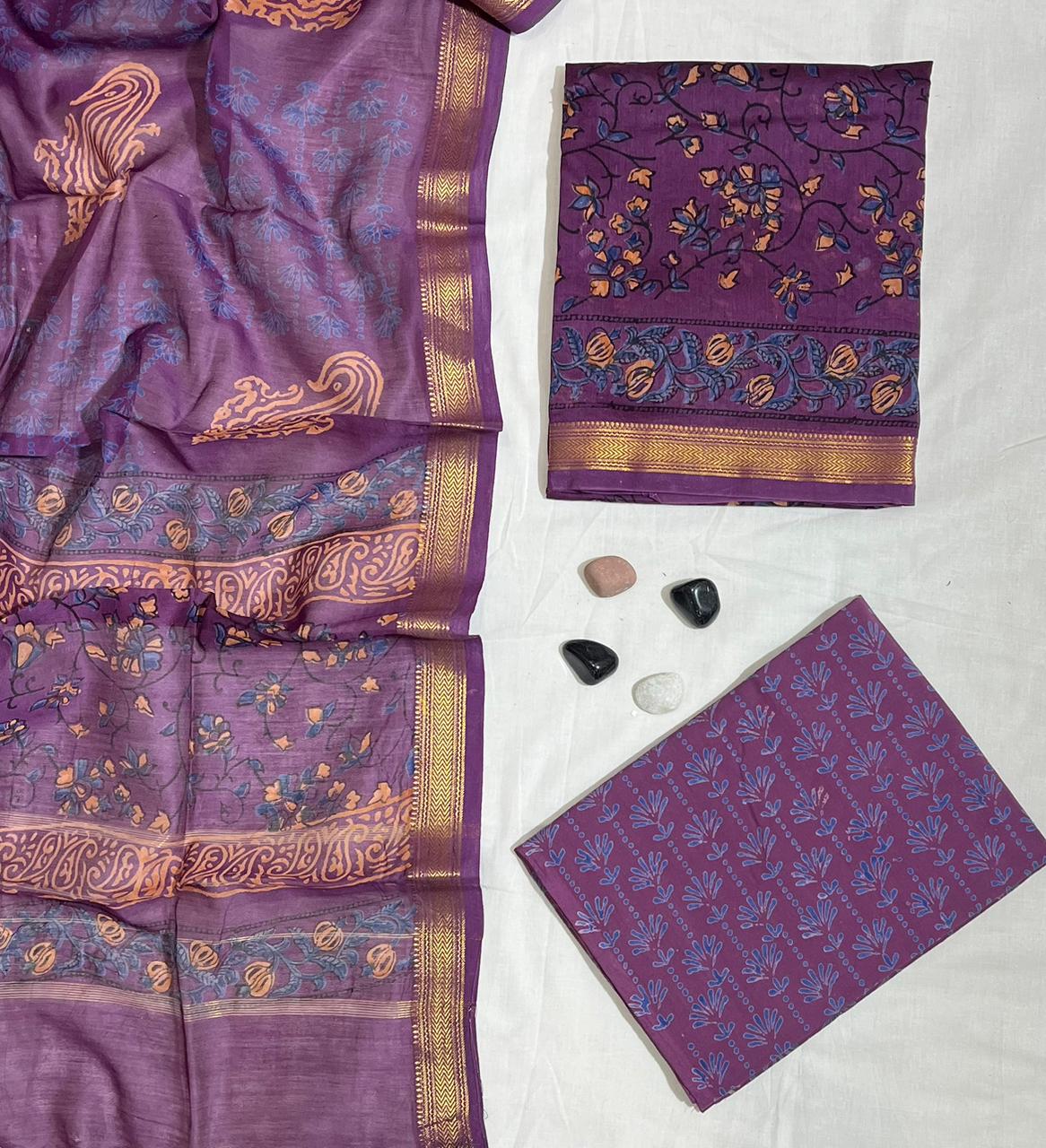 Classic Maheshwari Silk Suit with Rich Hand Block