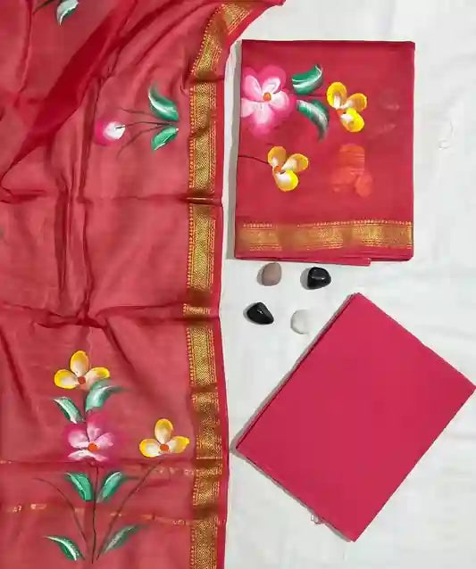 Handcrafted Maheshwari Silk Suit with Dupatta & Bottom