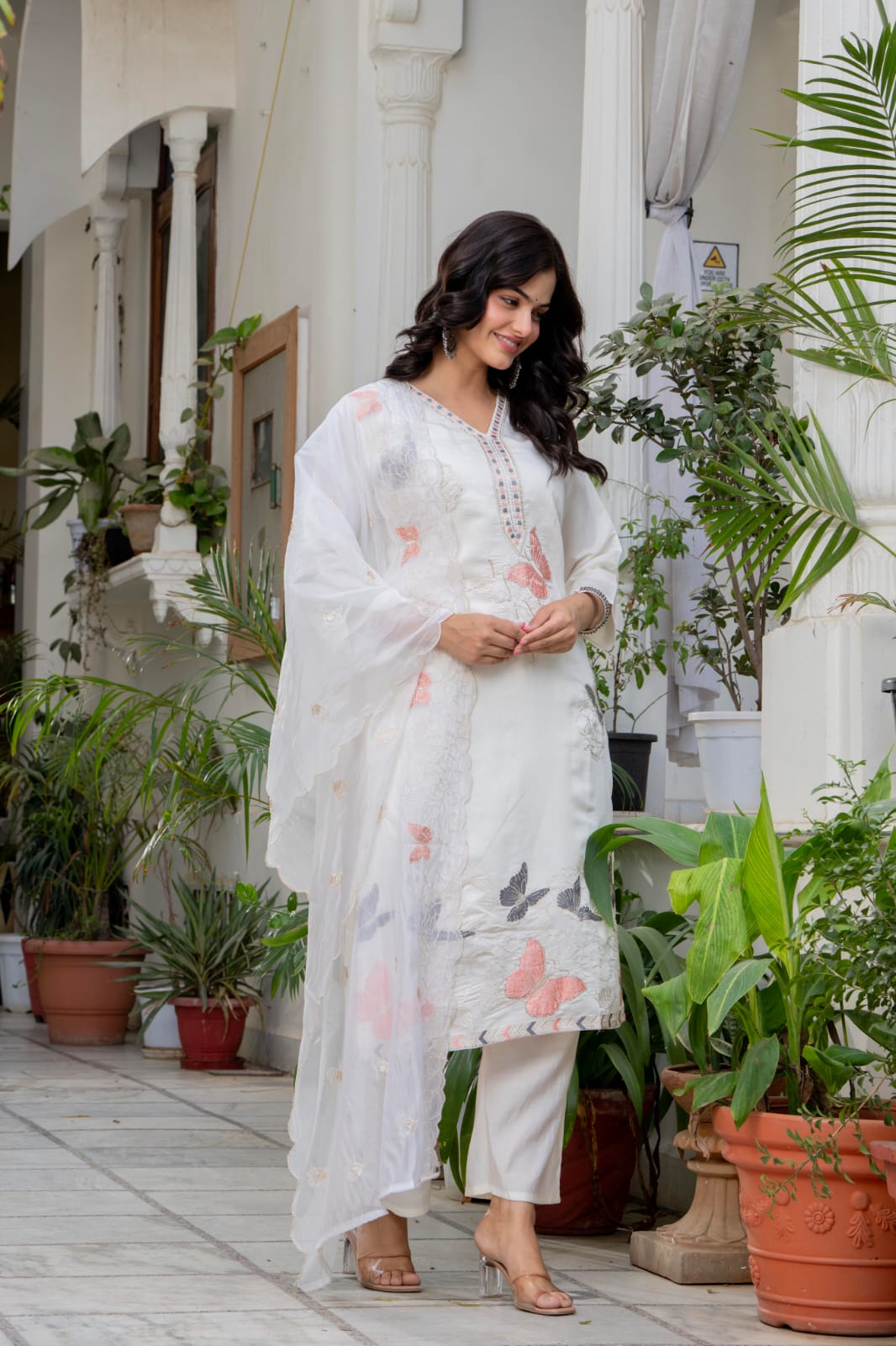 White kurti pant with butterrfly work and dupatta