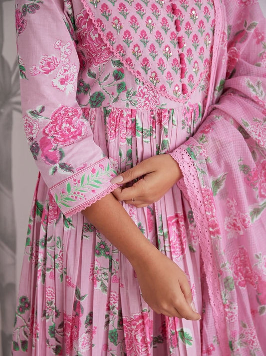 Pink Flower Print Anarkali Suits With Dupatta