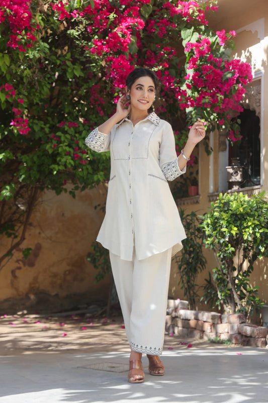 Classy Off White Cotton Flex Cord Set Kurta With Front Side Two Pocket