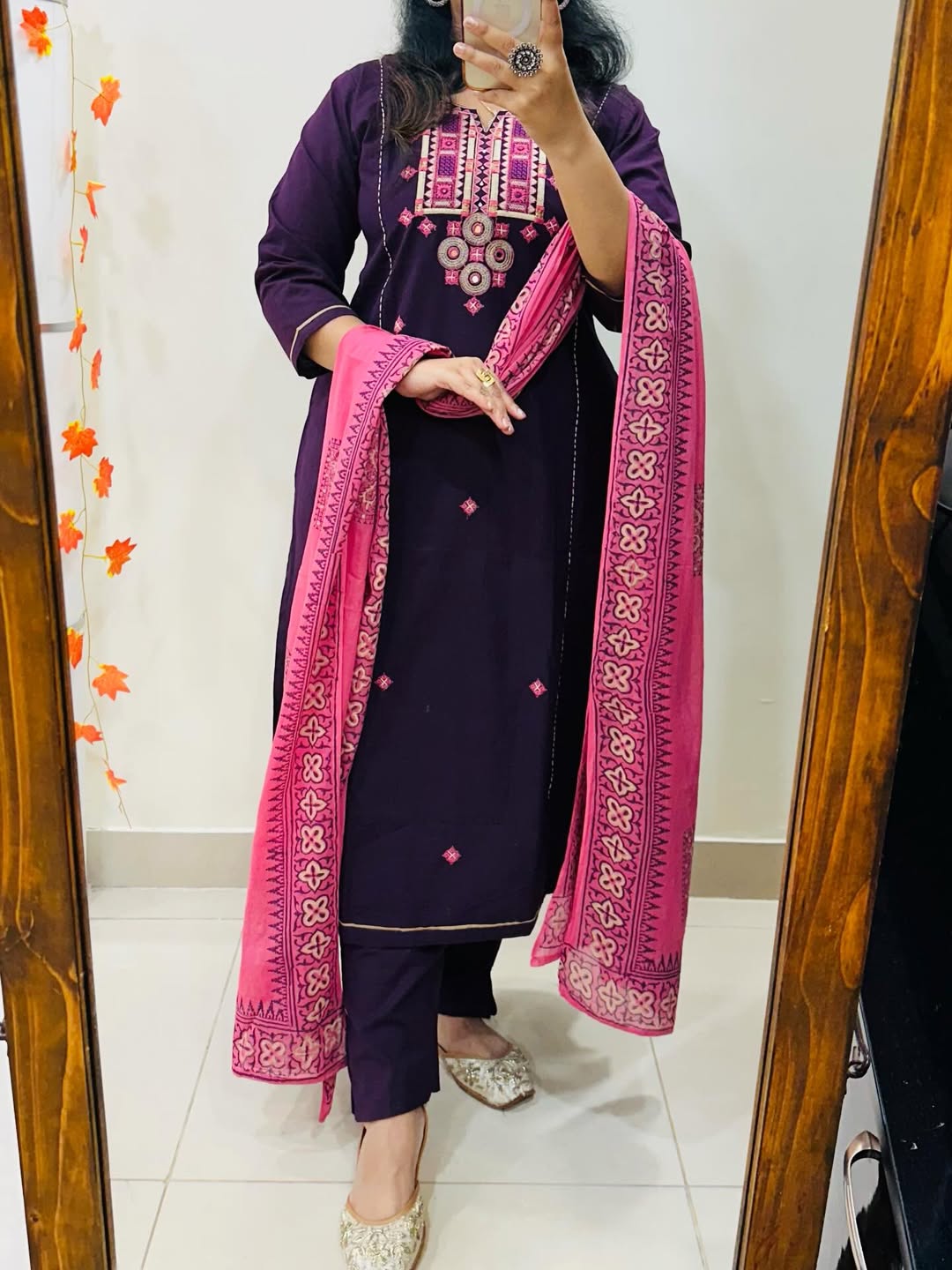 purple cotton kurta set with a contrasting pink dupatta