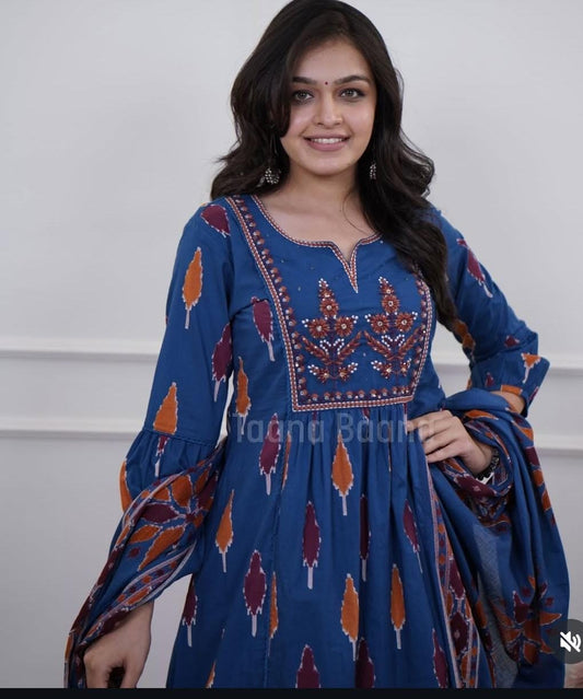 Blue Beautiful line kurti printed and Embroidery Work