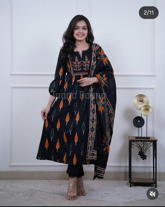 Black cotton kurti pant with printed and embroidery work