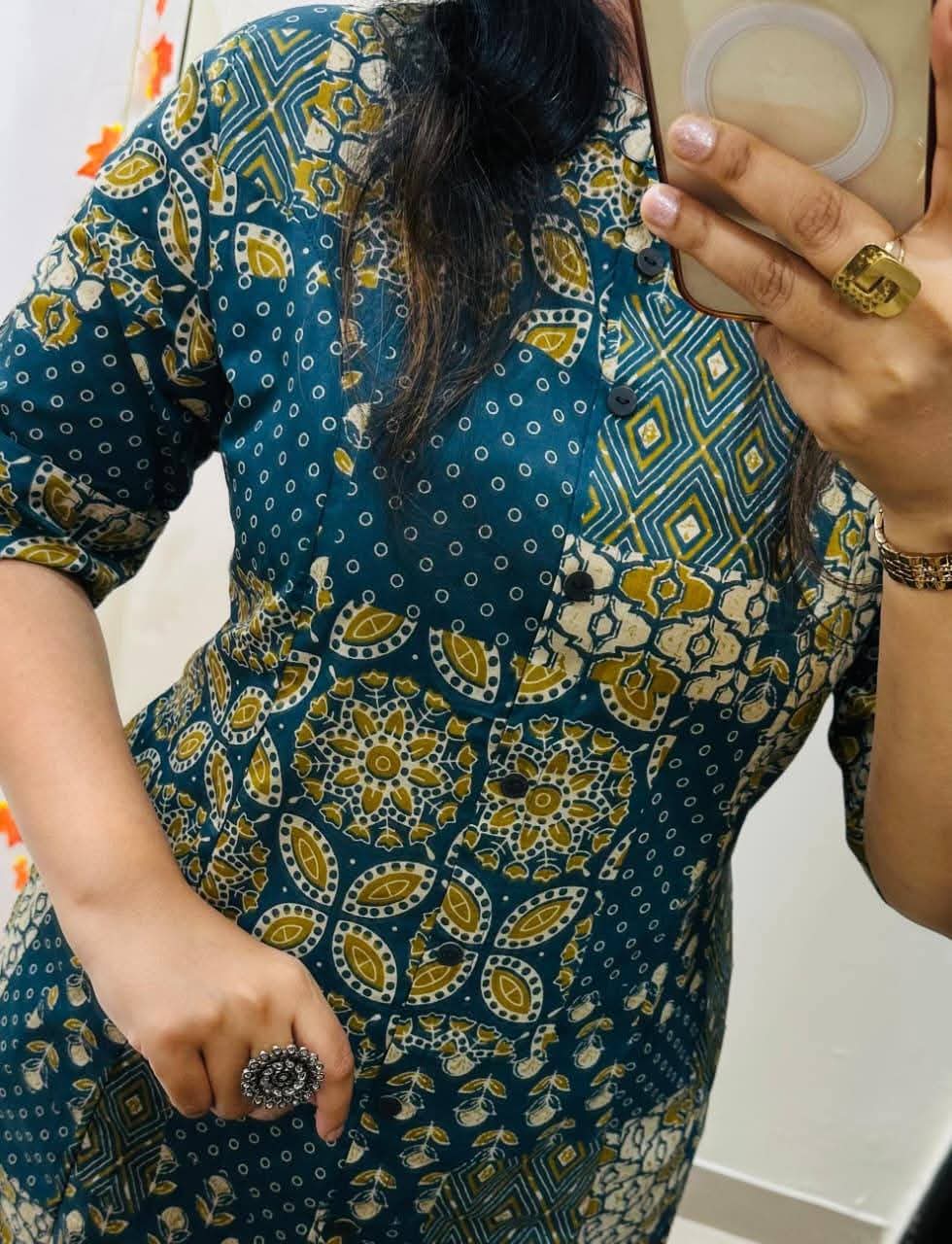 Teal gold printed kalamkari cotton cord set