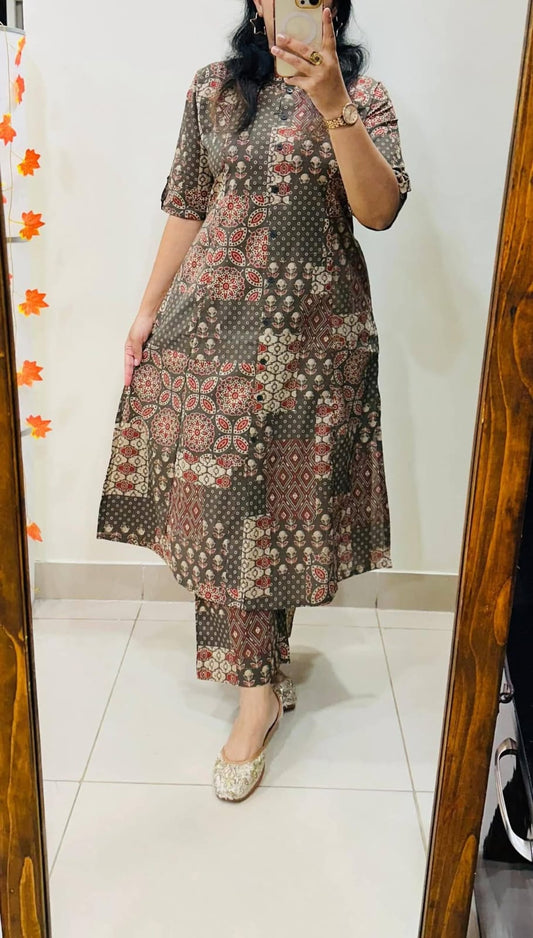 brown cotton Jaipuri Kalamkari print A-line kurti