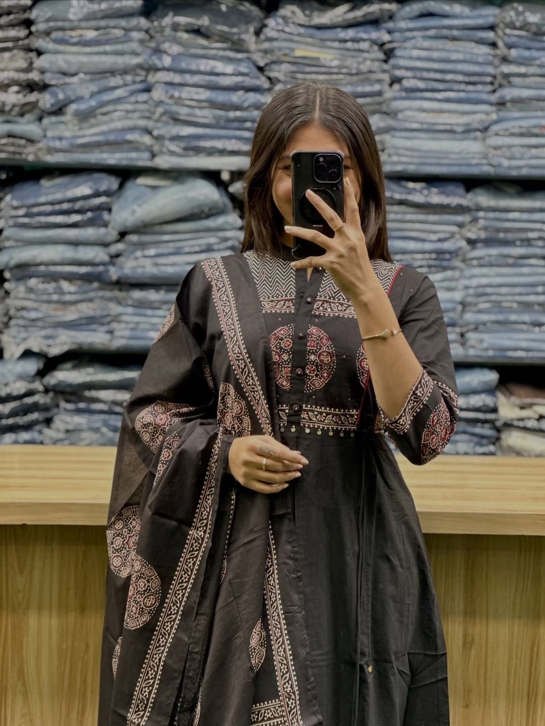 black printed Anarkali kurti is stylish