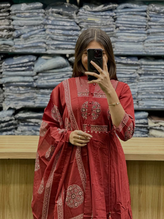 maroon printed cotton Anarkali suit set
