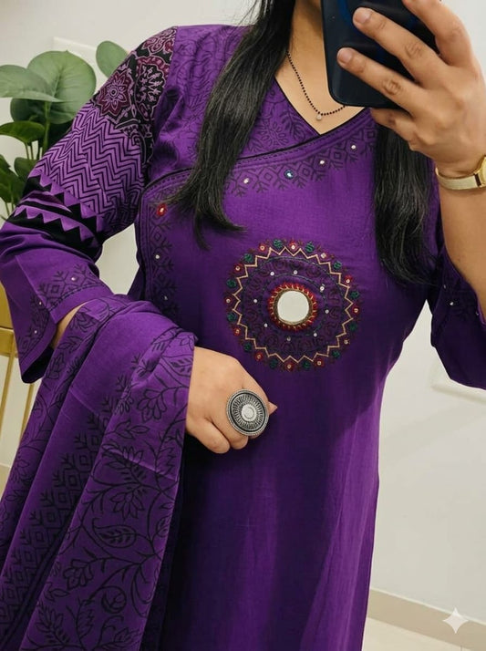 purple salwar suit dabu print and original mirror work.