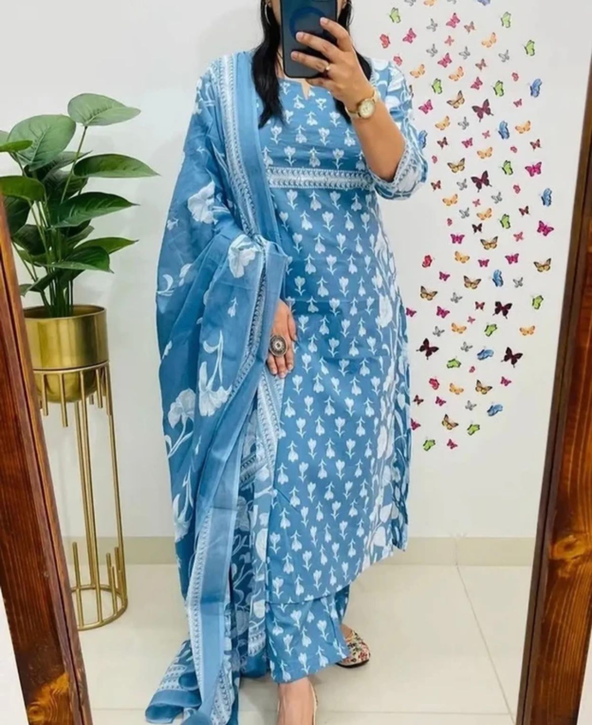 Printed Kurti Pant Attached Dupatta Set in blue cotton