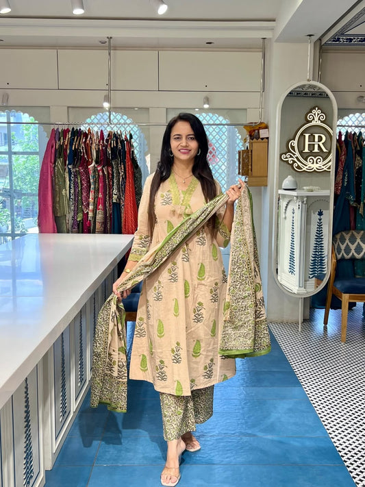Premium Cotton Printed Kurta Set with Lace Detailing and Pintex Work
