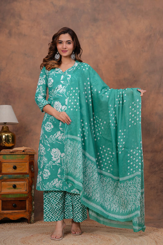 Sky Blue Cotton Kurti with Cotton Palazzo Set