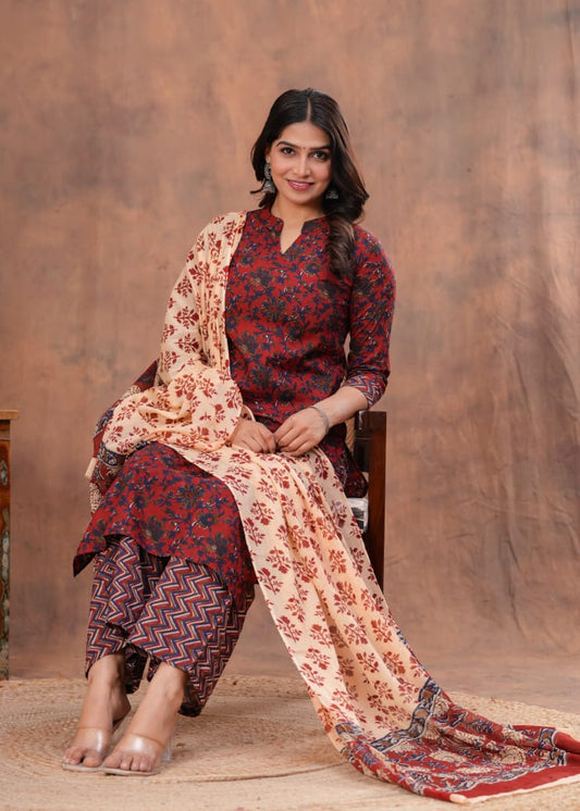 Jaipuri Cotton Kurti Palazzo Set with Dupatta