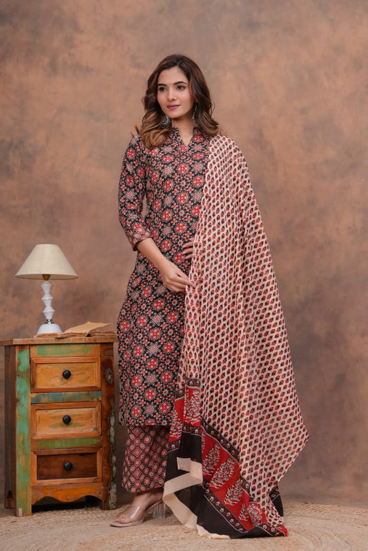Traditional Bagru Cotton Kurti Palazzo with Dupatta