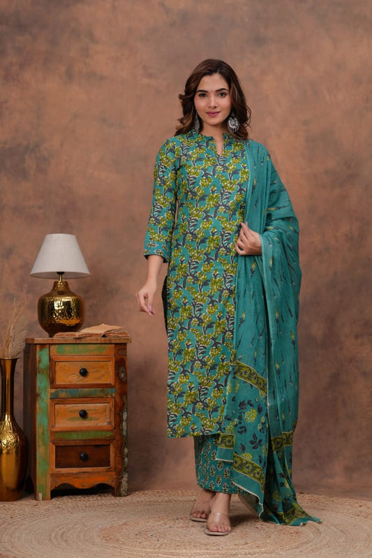 Jaipuri Printed Cotton Kurti Set with Plazo & Dupatta – Comfortable & Stylish