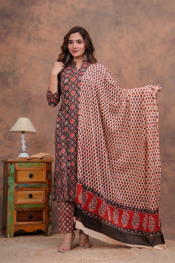 Traditional Bagru Cotton Kurti Palazzo with Dupatta