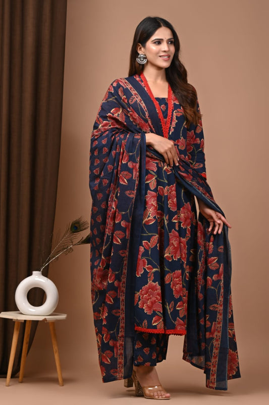 Hand Block Printed Cotton Anarkali Kurta Set with Dupatta (3 Pc)