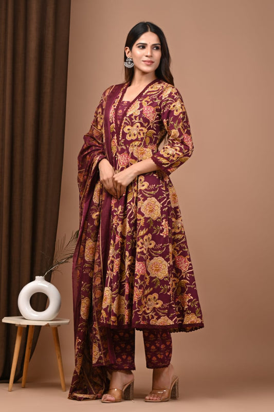 Anarkali Kurta Set with Dupatta – Hand Block Print