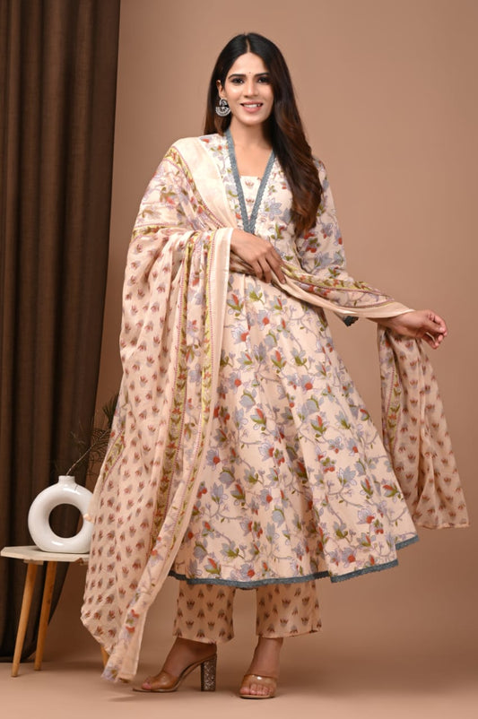 Traditional Hand Block Anarkali Suit Set in Pure Cotton
