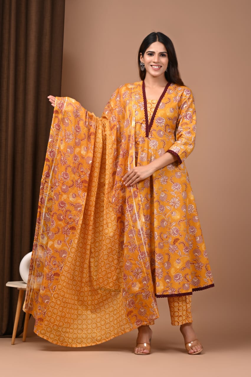 Ethnic Cotton Anarkali Kurta Set – Elegant 3 Pc Collection