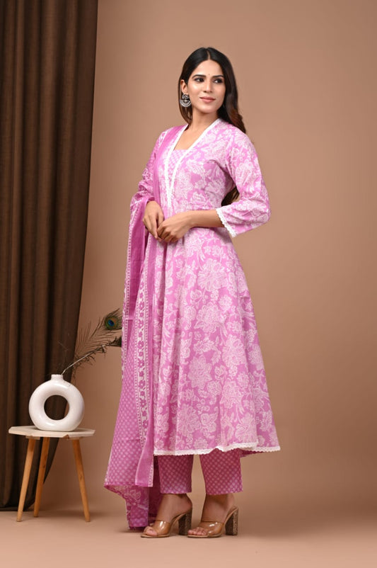 Soft Pink Hand Block Printed Cotton Anarkali Kurta Set with Dupatta –