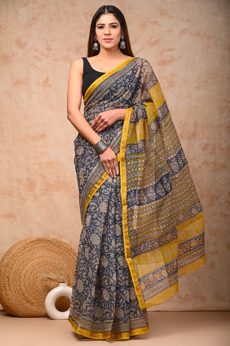 Authentic Kota Doriya Saree with Dabu Block Print